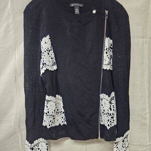 INC International Concepts Black Sweater with White Lace Size Large